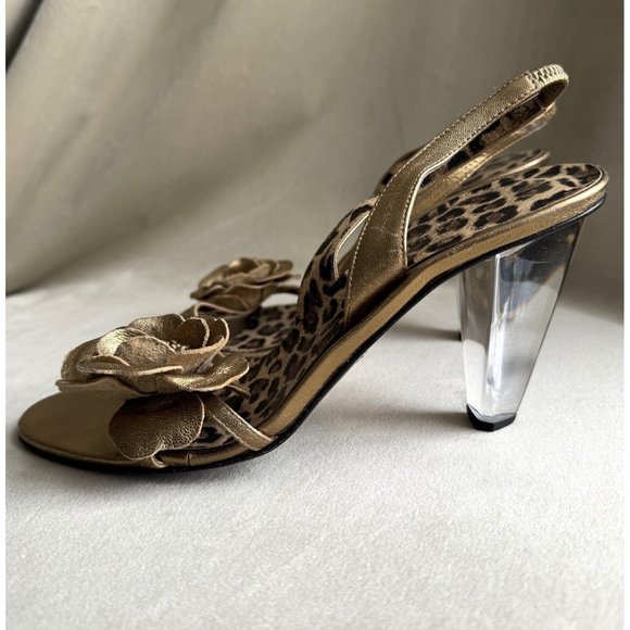 Dolce Gabbana Gold Leather Sandal Size 38.5 Clear Acrylic Heels Cheetah Leopard - Picture 3 of 14